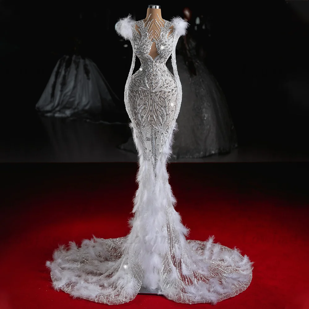 

White Long Sleeve Feathers Evening Dress 2025 Customized Mermaid Celebrity Dresses Crystals Beaded Women Prom Party Gowns Robes
