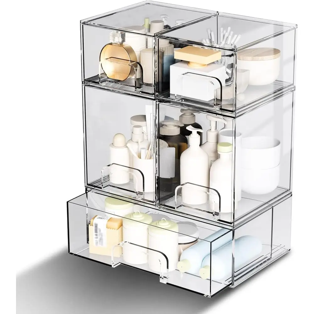 

5 Pack Stackable Storage Drawers, Clear Plastic Organizer Bins with Pull-out Handle for Makeup, Ideal for Vanity, Bathroom, Unde