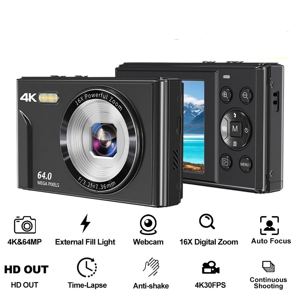 

4K Digital Pocket Camera 2.8" Large Screen Autofocus Camera 16x Digital Zoom WiFi 64MP Camcorder Camera for Beginner Photography