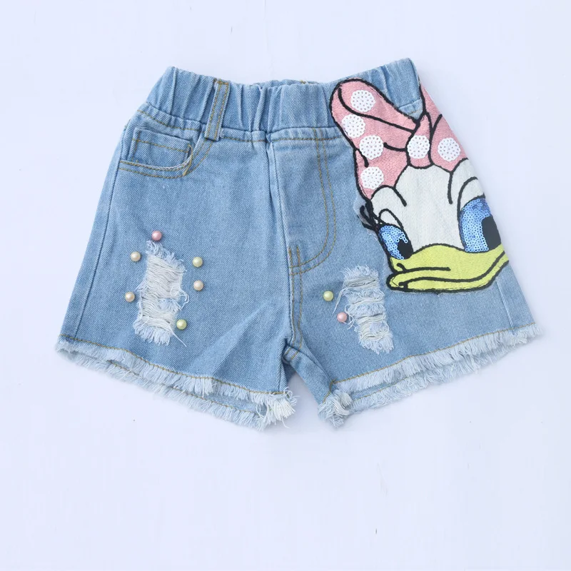 Disney Girls Outfits Cartoon Donald Duck Sets Printed Summer Shirt Broken Hole Denim Shorts Girl Clothing Set Children Clothes