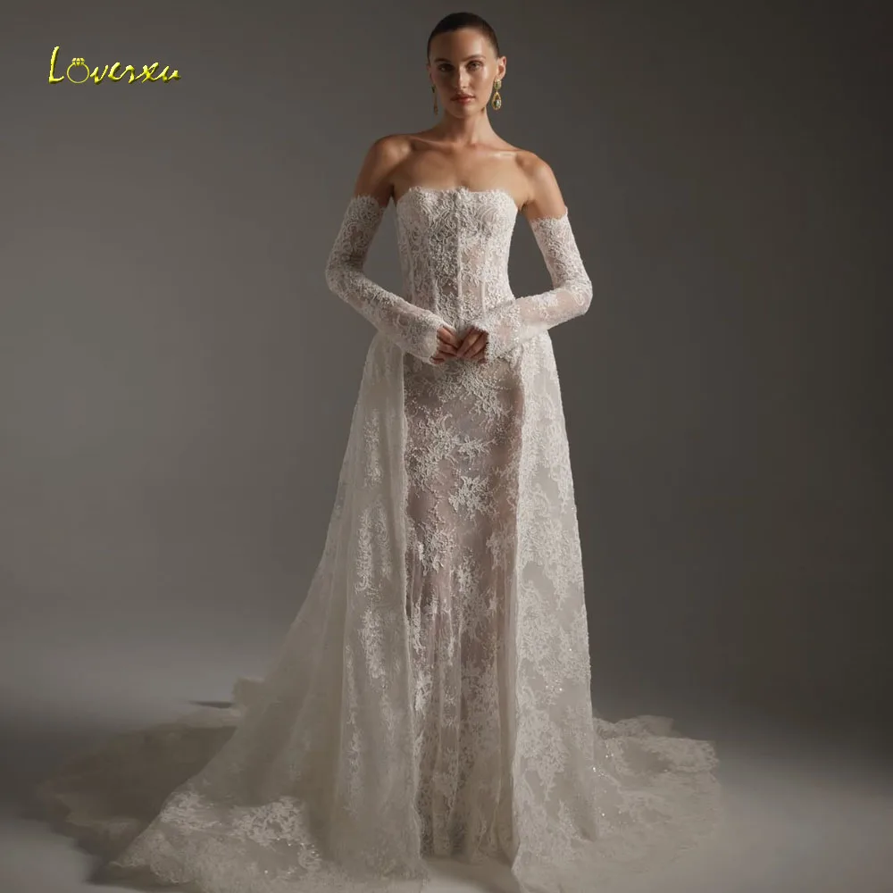 

Loverxu Mermaid Wedding Dresses Strapless Detachable Sleeve Vestido De Novia Lace Embroidery 2 in 1 Chic Custom Made Bridal Gown