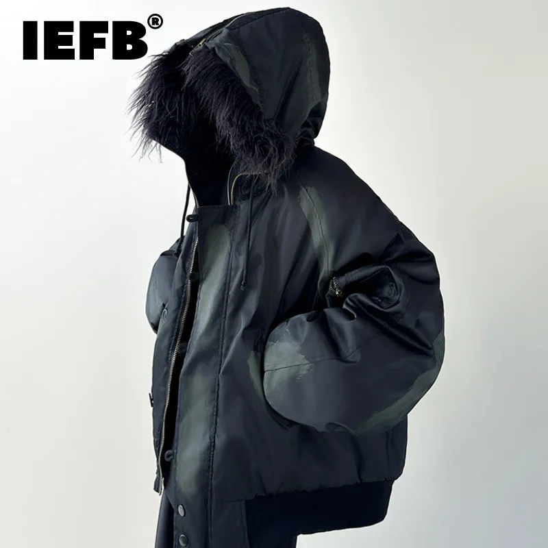 IEFB Men Padded Jacket Worn-out Fur Collar Hooded Zipper Patchwork Drawstring Solid Color Thick Male Cotton Coat Winter 24E5541