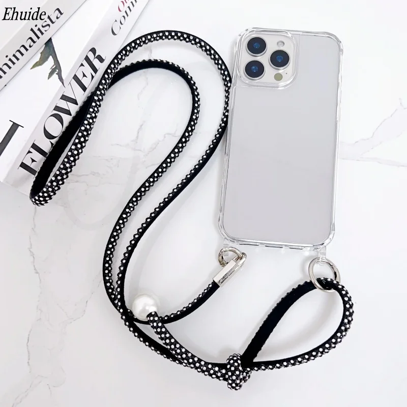 Luxe Parelketting Crossbody Strap Schokbestendig Case voor iPhone 17 Pro Max 16 14 13 12 Mini 11 15 Plus Lanyard Acryl Clear Cover