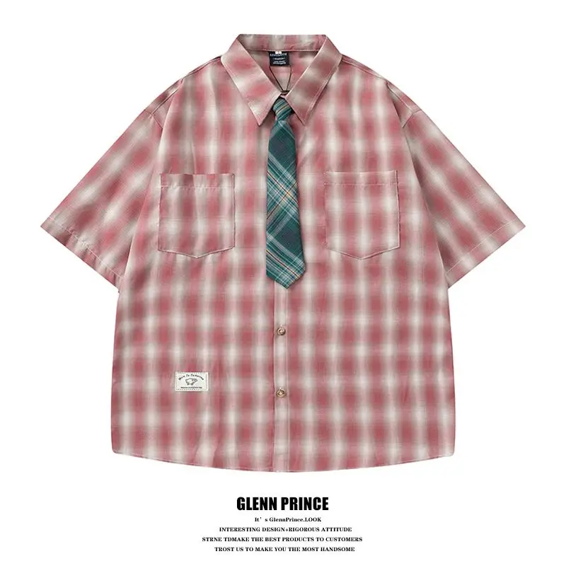 BEIANJI American trendy brand gradual change plaid tie short-sleeved shirt men's summer commuter leisure college style shirt