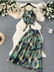 Sexy Beach Two Piece Suit Women Summer Strap Exposed Navel Short Vest+split Long Skirt Vintage Printed Suits