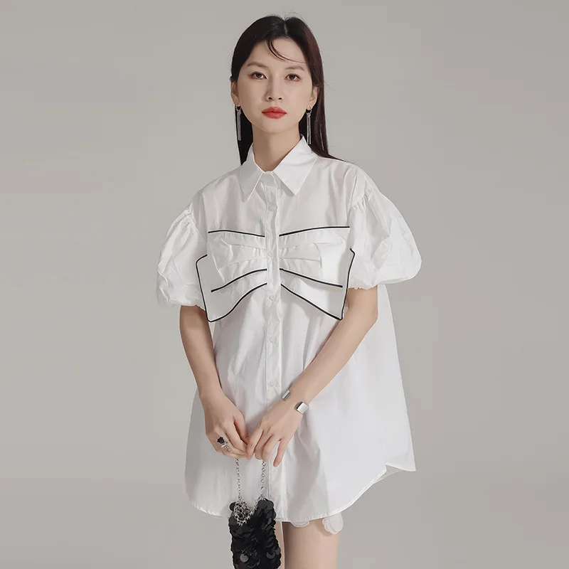 GetSpring Women Shirt 2024 Autumn Three Dimensional Bow Puff Sleeve White Blouse Fashion All Match Loose Casual Long Female Tops