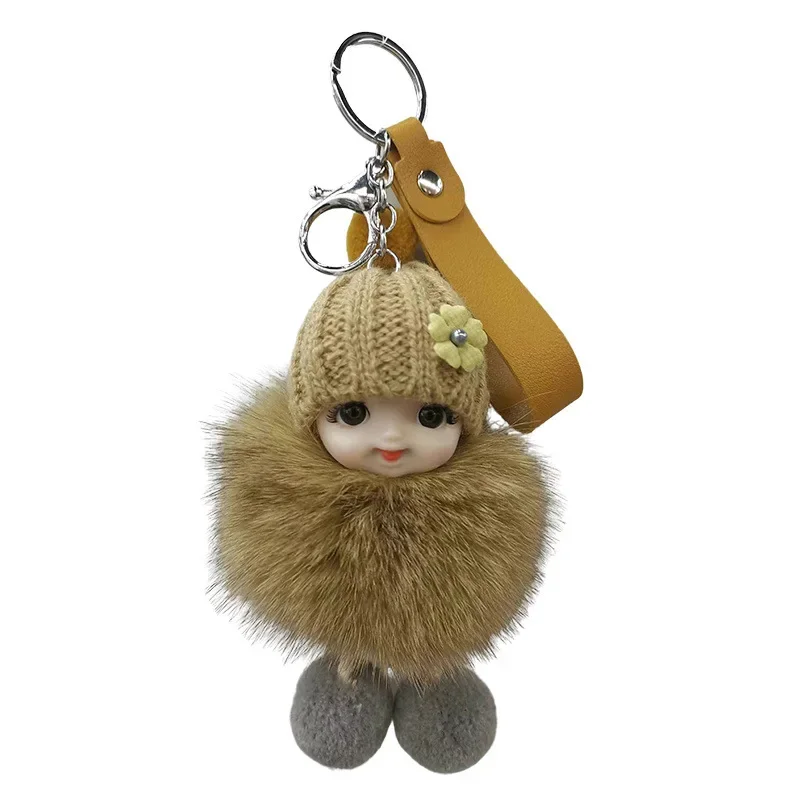 Cute Expression Face Baby Pompom Keychain Real Fox Fur Pendant For Women Bag Car Key Ring Girl Gift Charm Plush Doll Key Chain