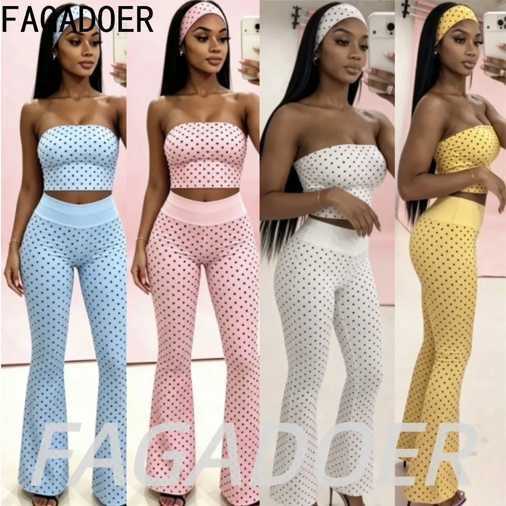 

FAGADOER Fashion Cute Polka Dot Pants 2 Pcs Sets Y2K Sweet Girl Candy Color Crop Top + Flare Pants Outfits (including Headscarf)
