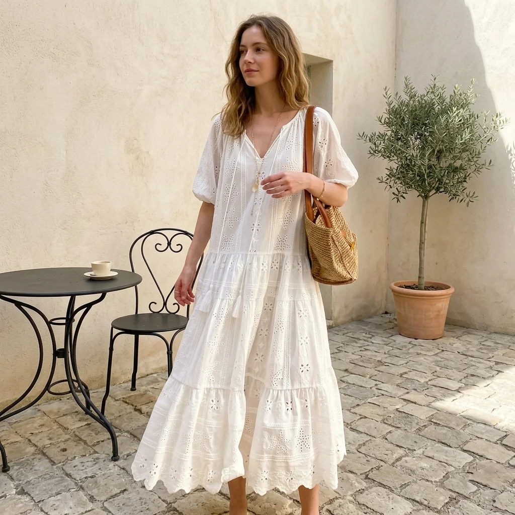

Cottagecore White Dress Women Elegant Eyelet Embroidery V Neck Tie Front Maxi Dresses Hollow Out Lace Ruffle Tiered Dress 2026