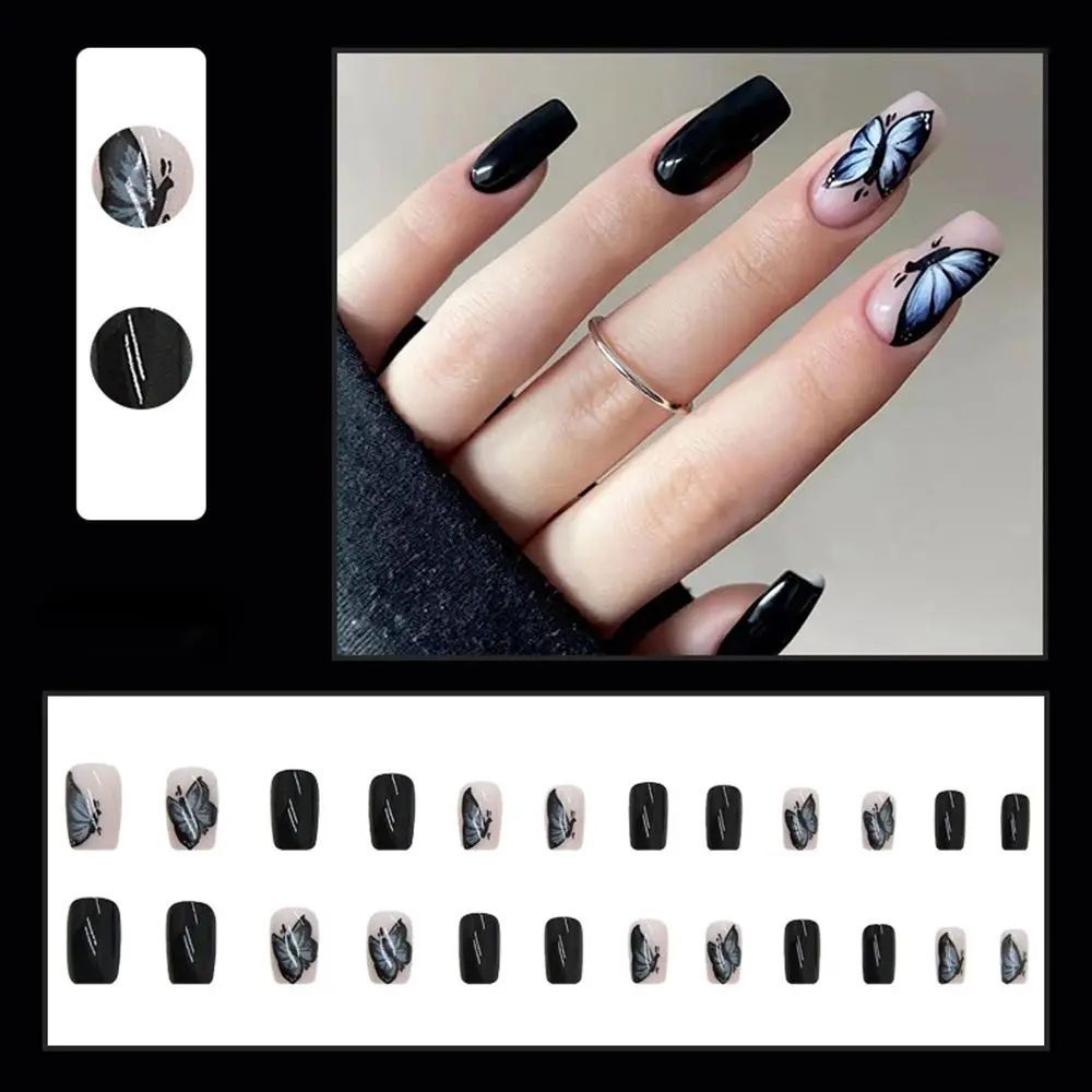 24Pcs Black Square False Nails With Butterfly Pattern Design Artificial Nails Press On Nails for Women French ballet Fake Nails