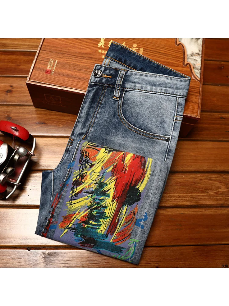 Graffiti Printing Jeans Men's Fashion Summer Thin Street Slim Fit Skinny Fashion Elastic Personalized Denim Trousers