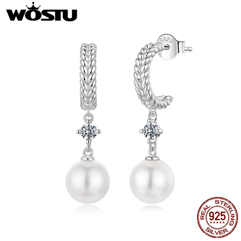 

WOSTU 0.2CT Moissanite & Pearl Drop Stud Earrings For Women, Braided Dangle Earrings Wedding Engagement Party Jewelry Gift