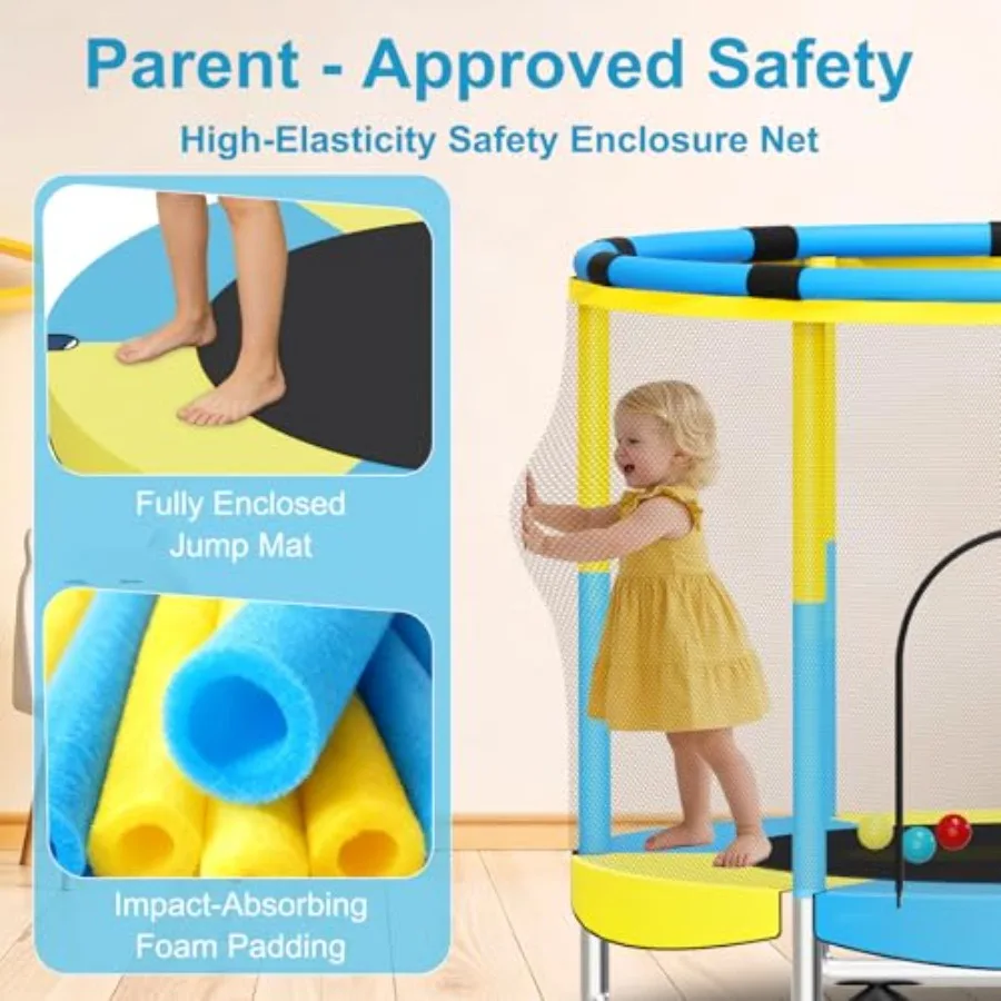 Indoor/Outdoor 55 ' Trampoline Steel Frame with Blue Padding 5-in-1 Design Featuring Adjustable Gymnastics Bar Toys for Ages 3-