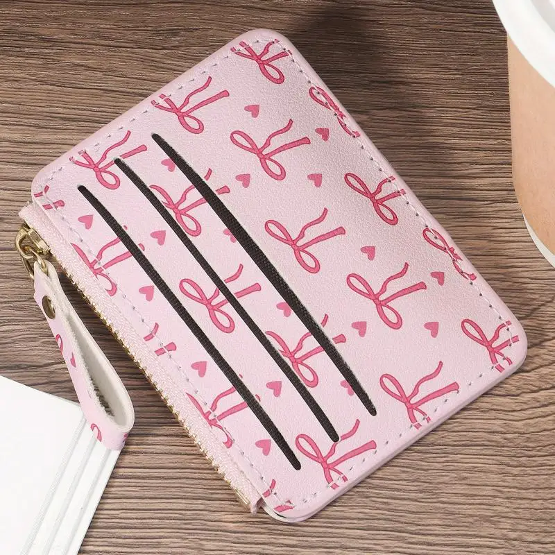 Elegant Bow Trimming Coin Pocket Ultra-Thin Credit Card Sleeve Zip Wallet Lightweight Cute Cash Package Birthday Gifts