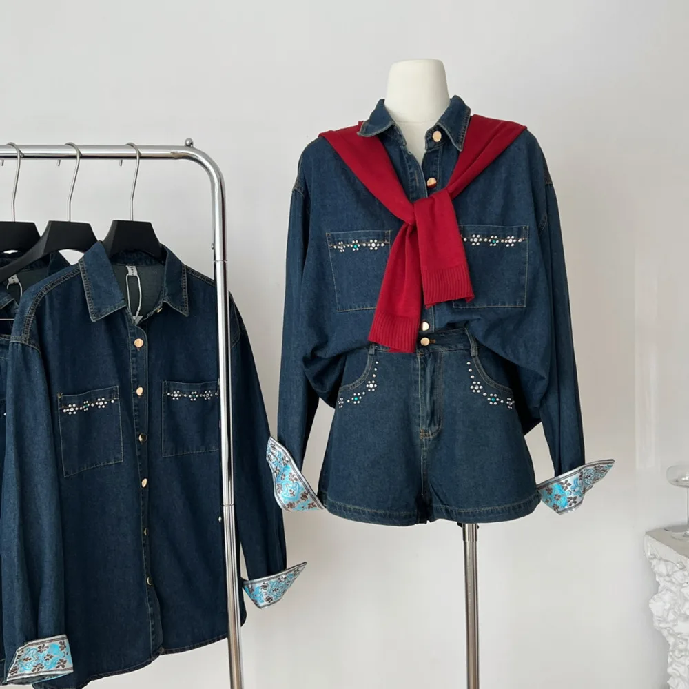 

2025 Retro Women's Denim Shirt Suit Spring Autumn New Korean Embroidery Top + High Street Rivet Short Pant Casual Set Ethika
