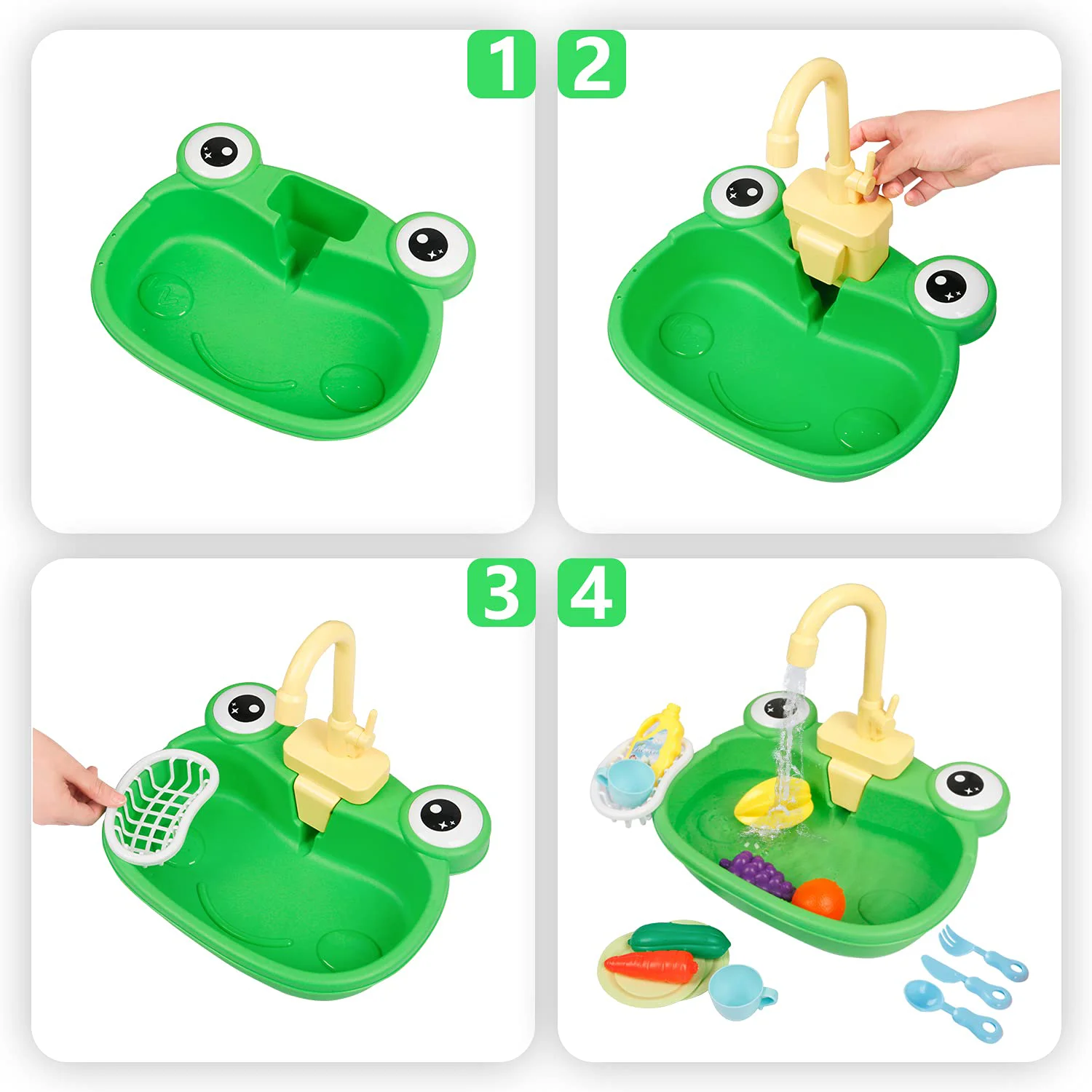 Children's automatic water outlet frog cute cow vegetable washing basin, simulation electric vegetable washing play kitchen toy