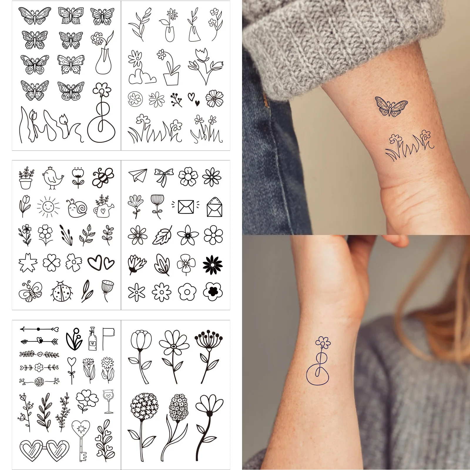 6 Sheets Black Line Leaf Flower Temporary Tattoo Stickers Spring Simple DIY Finger Wrist Small Tattoo for  Women Men Daily Decor