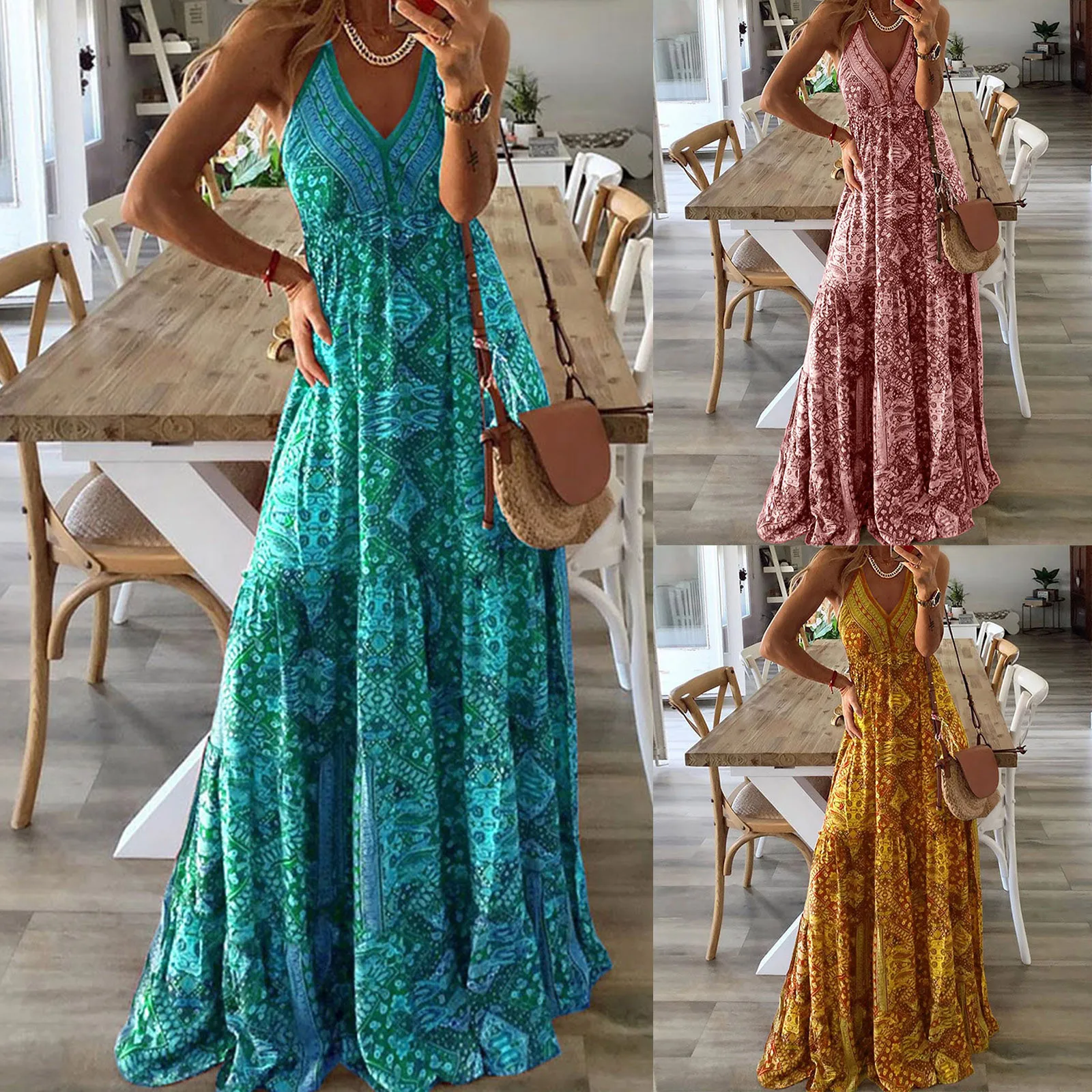 Women Boho Vintage Maxi Dresses Loose Flora Print Deep V Neck High Waist Dresses Spaghetti Strap Summer Retro Vestidos Clothes