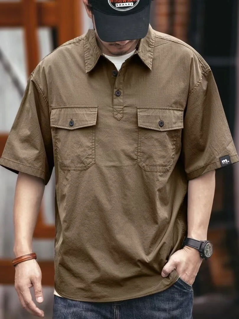 Summer Men's  Shirt Short Sleeve Turn-down Collar Heavyweight Simple Large Size Sporty Trendy Brand Top Breathable Polyester