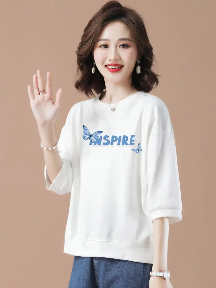 

Летняя хлопковая футболка с принтом, свободного кроя, тонкая, с коротким рукавом и круглым вырезом, женская, новая, универсальная, удобная, для весны и осени.