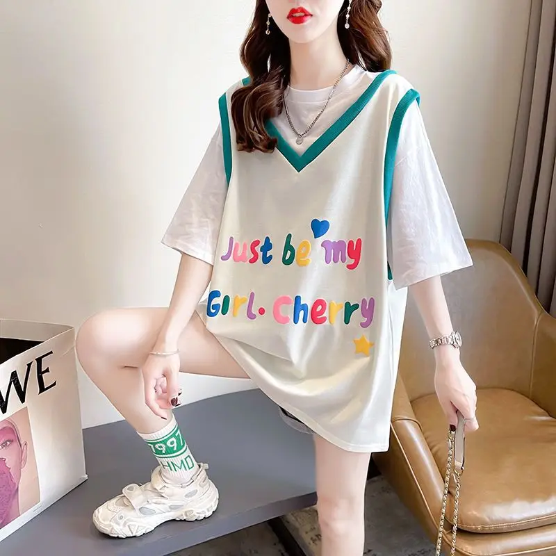 

DAYIFUN Fake Two-piece Patchwork T-shirts Summer 2023 New Letter Printed Short-sleeved Tshirts Cotton Fashion Loose O-neck Tops