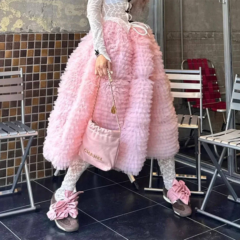 Pink heavy industry layer mesh cake skirt early spring dopamine wear loose knee gauze skirt fluffy skirt women