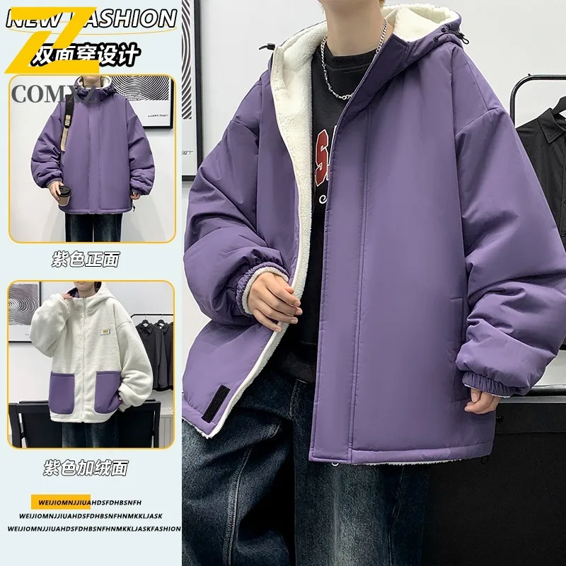 COMXZ 2025 Mens Winter Reversible Sherpa Lined Thick Hooded Cotton Jacket Fashion Casual Warm Outwear Streetwear windbreaker