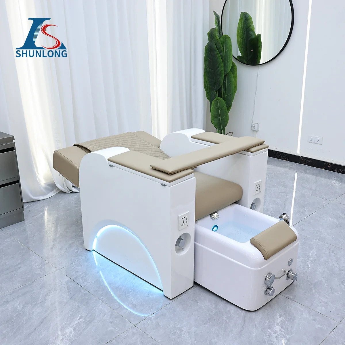 Beige PU Pedicure Spa Chair Reclining Nail Salon Chair with Pull-out Foot Basin & Blue LED Light Beauty Furniture