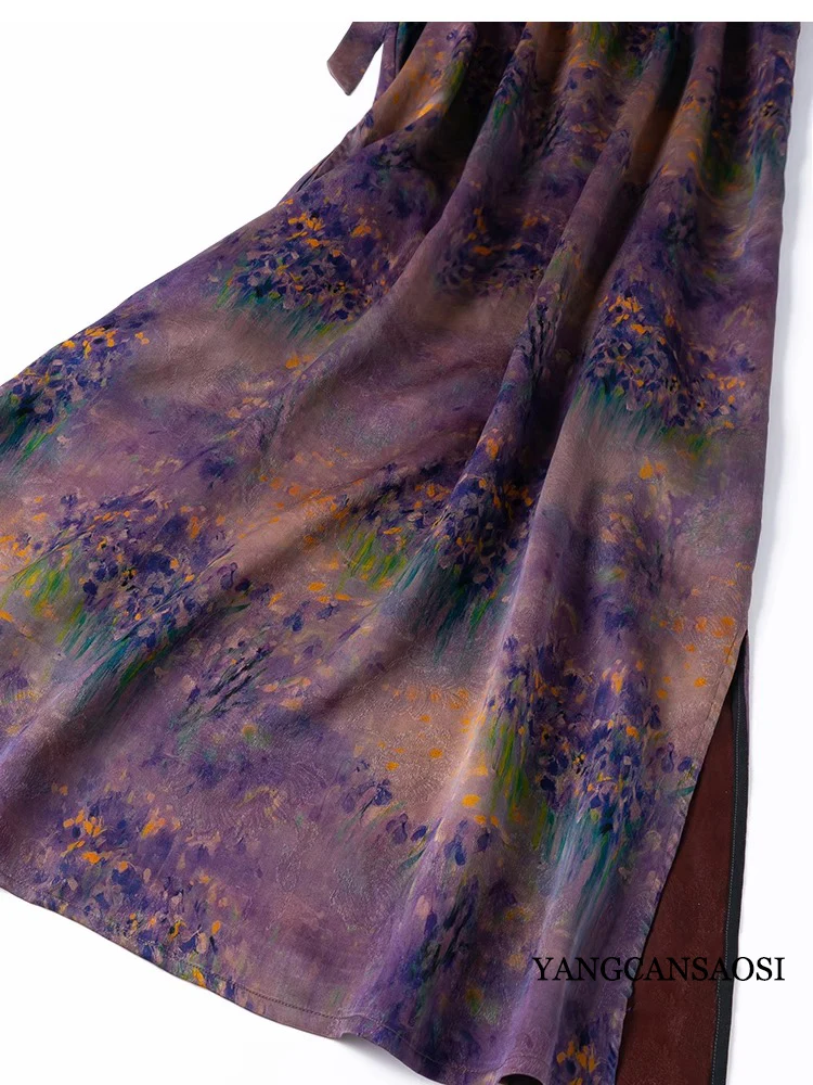 2025 Women's Summer New 100% Natural Mulberry Silk Gambiered Guangdong Gauze Print Loose Casual Split Tank Top Dress