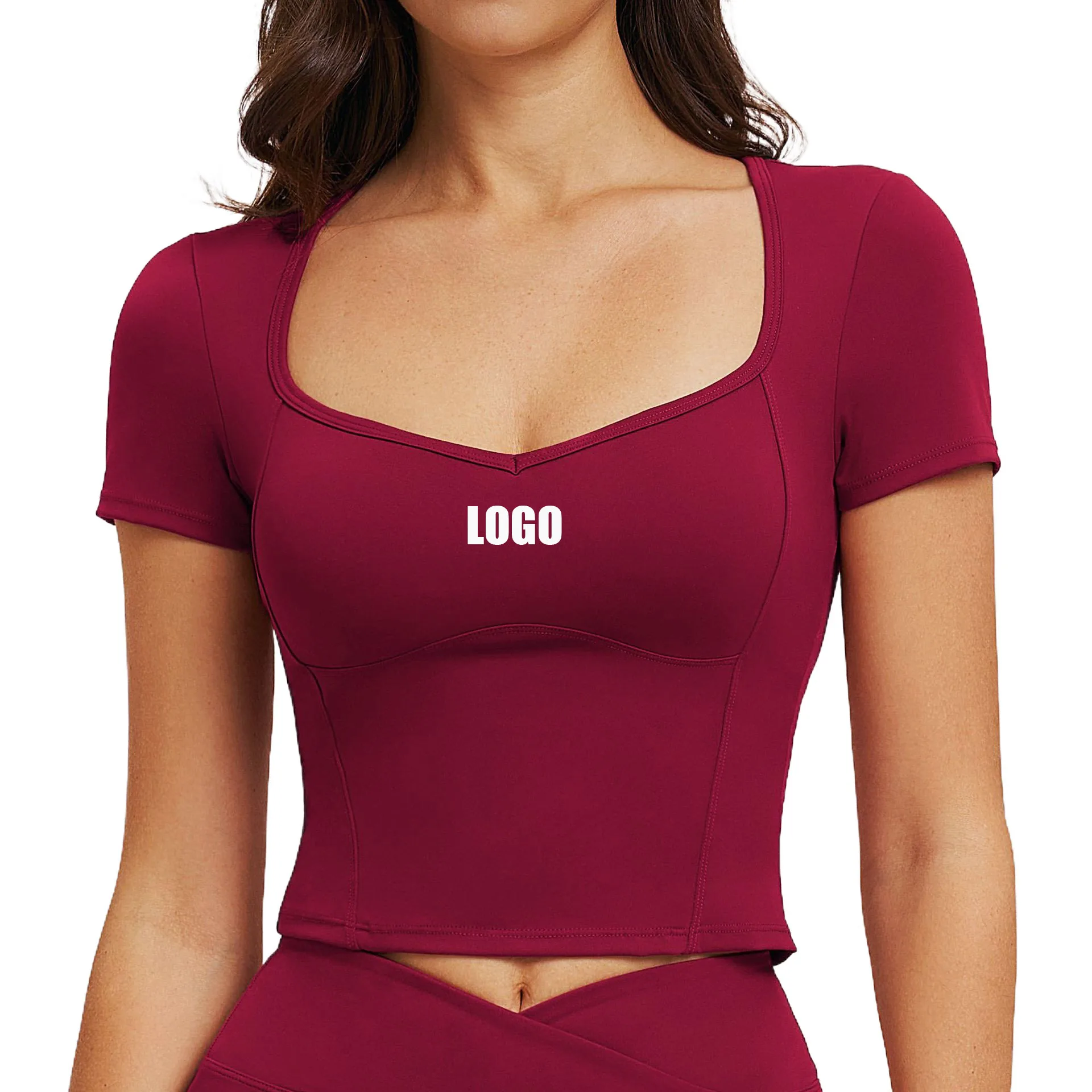 Custom LOGO women's nude yoga short sleeves large neckline tight sports top outdoor running fitness short sleeves