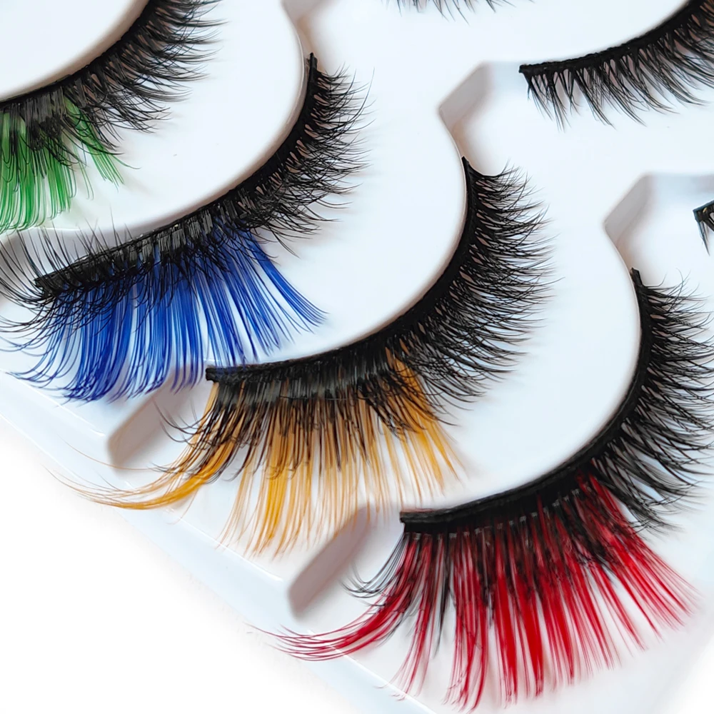 5 Paar Make-up, dramatisch aussehende falsche Wimpern, Katzenauge, bunte Wimpernverlängerung, Rot, Blau, Rosa, Grün, Wispy-Wimpernwerkzeuge