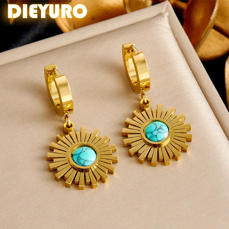 DIEYURO 316L Stainless Steel Circular Irregular Turquoise Pendant Earrings For Womens Fashion New Current Ear Jewelry Lady Gift