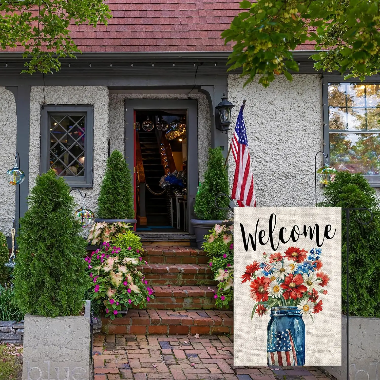 Memorial Day 4th of July Garden Flag 12x18 Inch Double Sided Outside Burlap Red Blue Mason Jar Floral USA Flag Patriotic Ind LLG