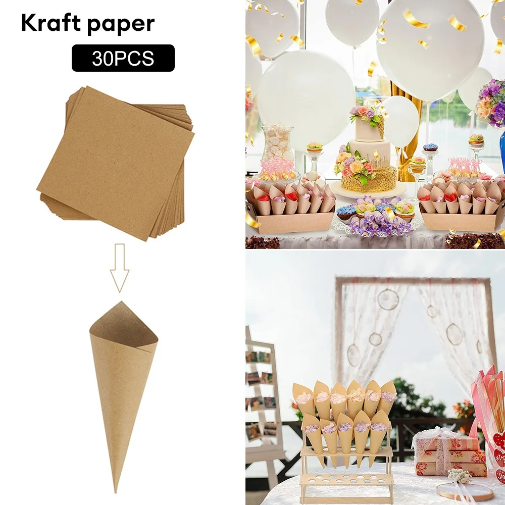 30PCS Kraft Paper Wedding Confetti Cone Rose Flower Confetti Tray Holder Box Gift Wrapping Paper Rustic Wedding Decoration