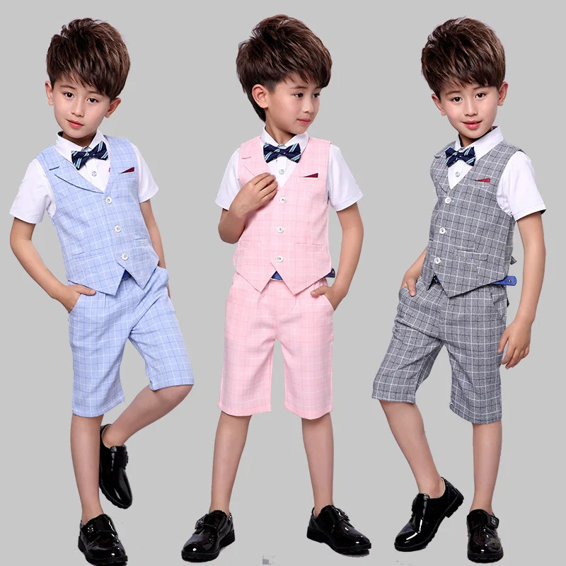 Baby Boys Summer Pink Formal Suit Kids Vest+Shorts 2Pcs Photograph Set Children Wedding Performance Party Dress Ceremony Costume