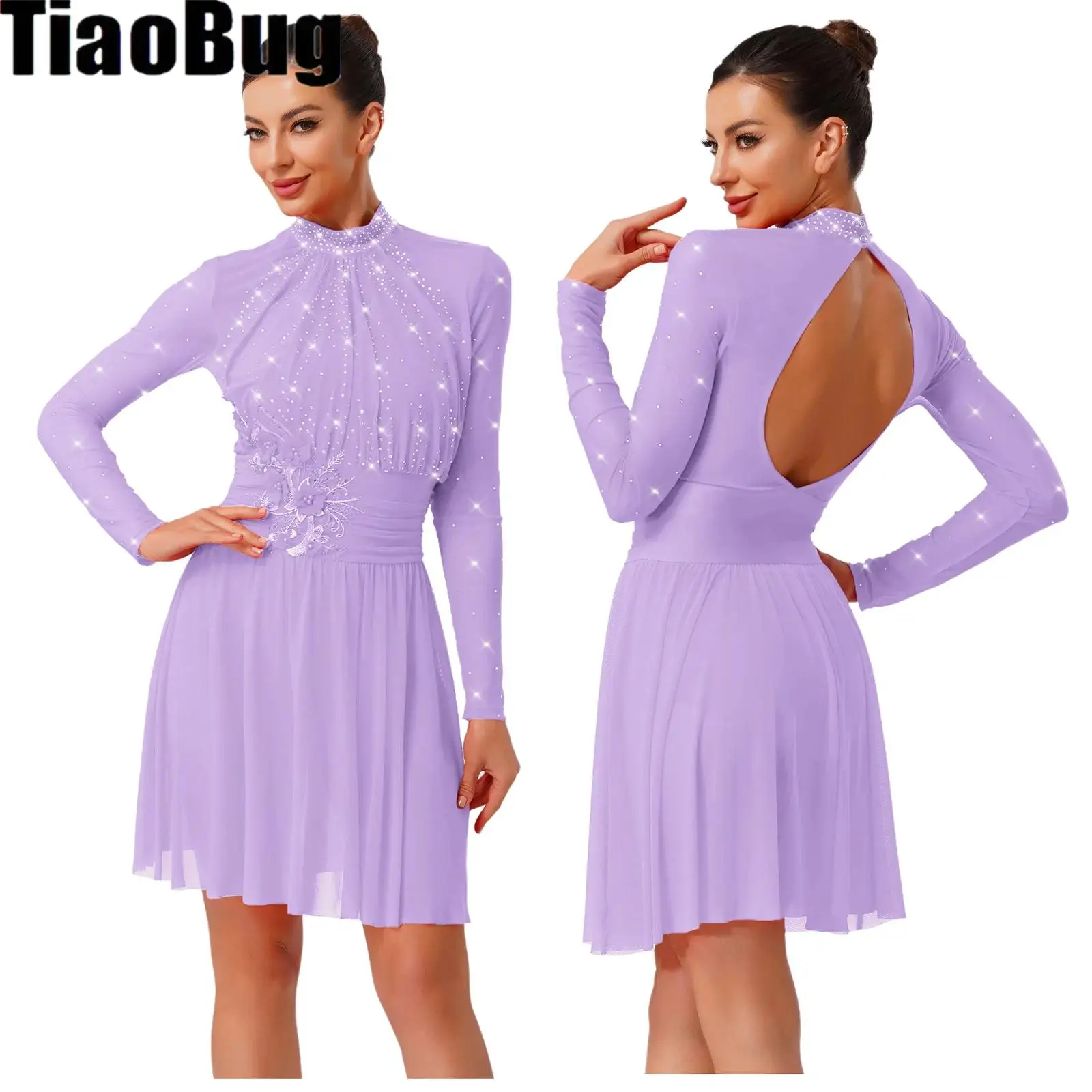 

Women Lyrical Dance Dress Figure Skating Leotards Dress Embroidery Rhinestones Hollow Back Long Sleeve Dresses