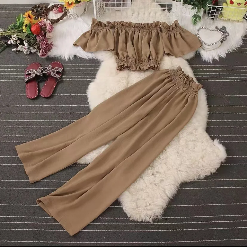 Fashion Suit Women's 2022 Summer New One-shoulder Off-the-shoulder Tube Top + High Waist Wide Leg Pants Nine-point Trousers