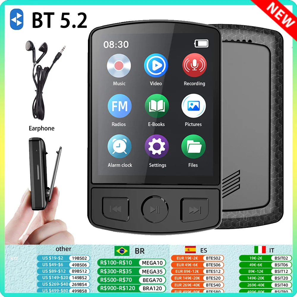 Портативный MP3-плеер Bluetooth 5,2 Музыкальный стереодинамик Мини MP4 Воспроизведение видео со светодиодным экраном Запись FM-радио для Walkman