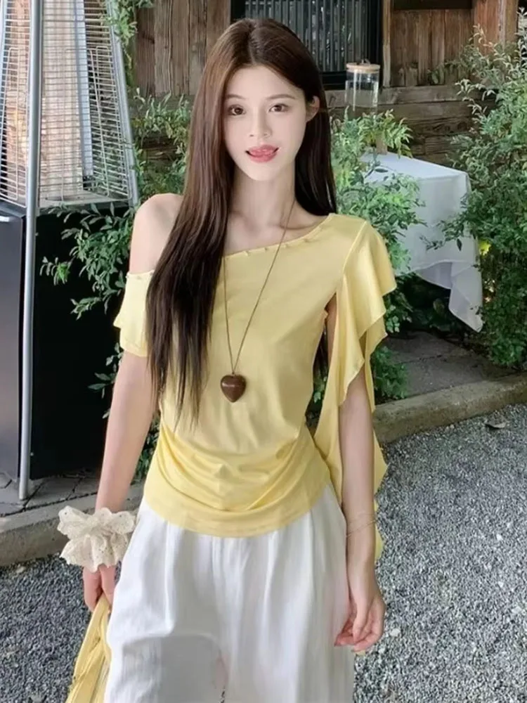 T Shirts Women Ruffles Patchwork Ribbon Diagonal Collar Short Sleeve Slim Off Shoulder Vintage Fashion Tops Ladies Casual