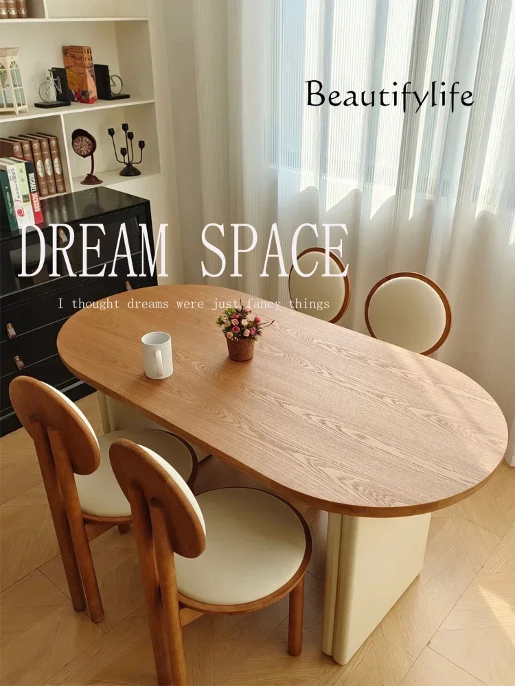 N36 French Retro Solid Wood Oval Dining Table Design Small Apartment Dining Table Cream Style Rectangular Furniture
