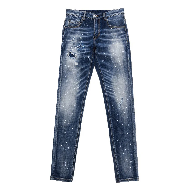 Designer High Street Fashion New Jeans Painted Scratched Water Washed Nostalgic Elastic Slimming Retro Blue Jeans Hip Hop Brand
