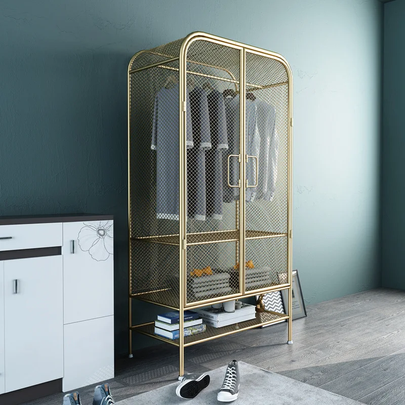 Hxl bedroom gold grid hanging wardrobe single iron cabinet
