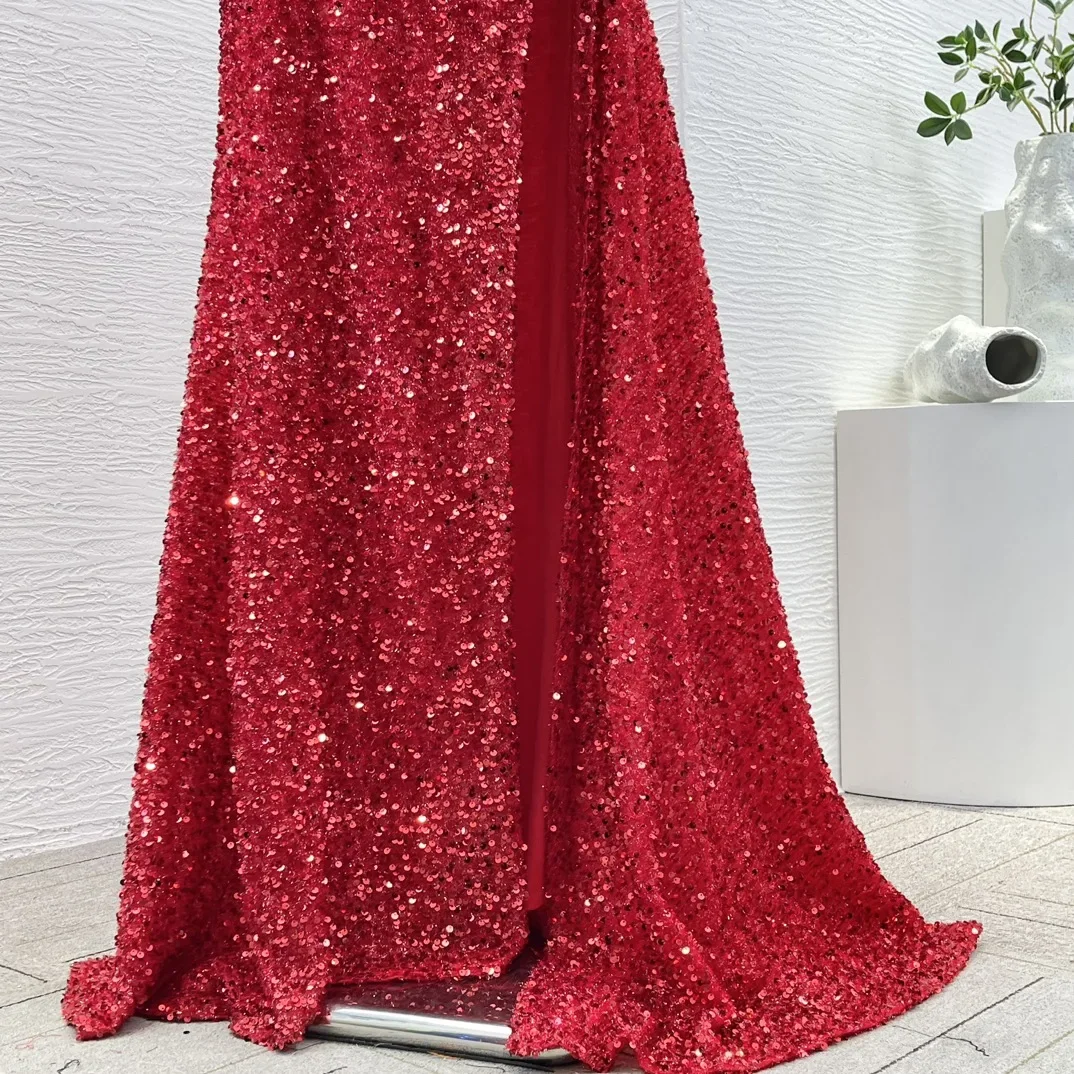 Vestido maxi feminino vermelho sem mangas com apliques de flores e lantejoulas com fenda lateral e costas nuas para festa