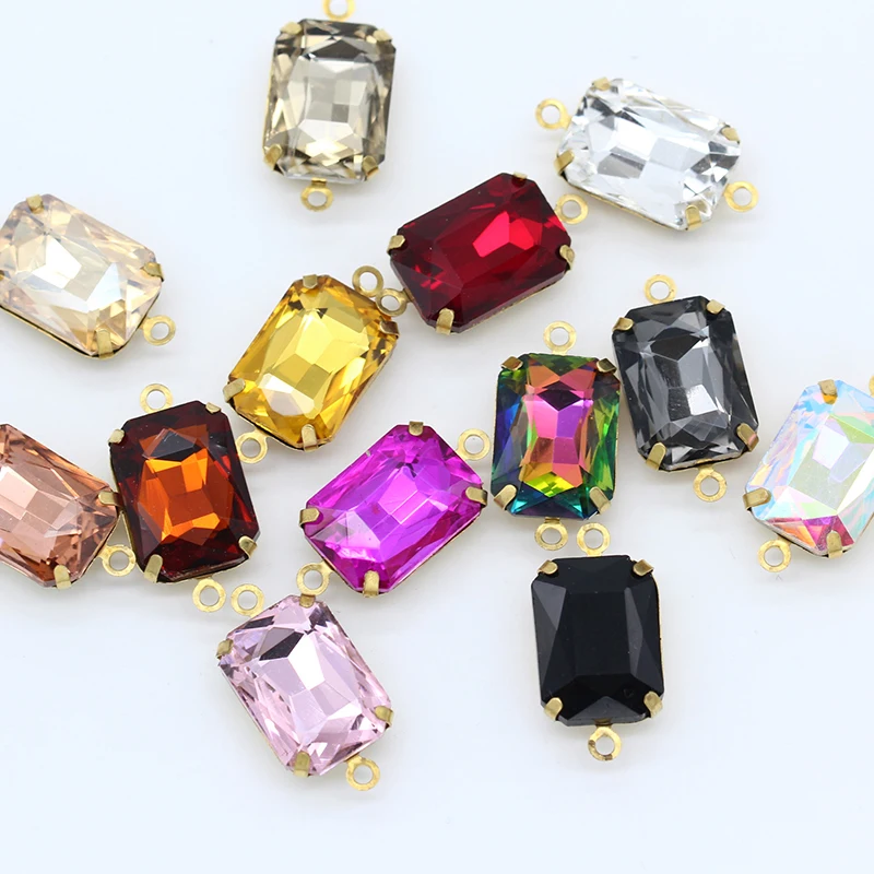 30pc 10x14mm rectangle Color Framed Glass Pendant Necklace Connectors Earrings Findings jewelry making 2-loop charm dangle beads