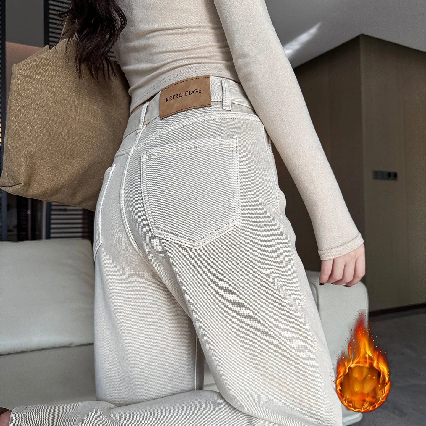 ZHISILAO New Beige Thick Warm Jeans Women Vintage Causal Fur Warm Wide Leg Straight Ankle-length Denim Pants Streetwear 2025