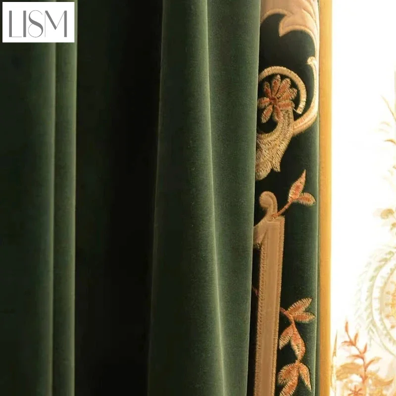 

European Luxury Curtains for Living Dining Rooms Bedroom Home Textile Fabrics French Green Velvet Embroidered Curtains for Villa