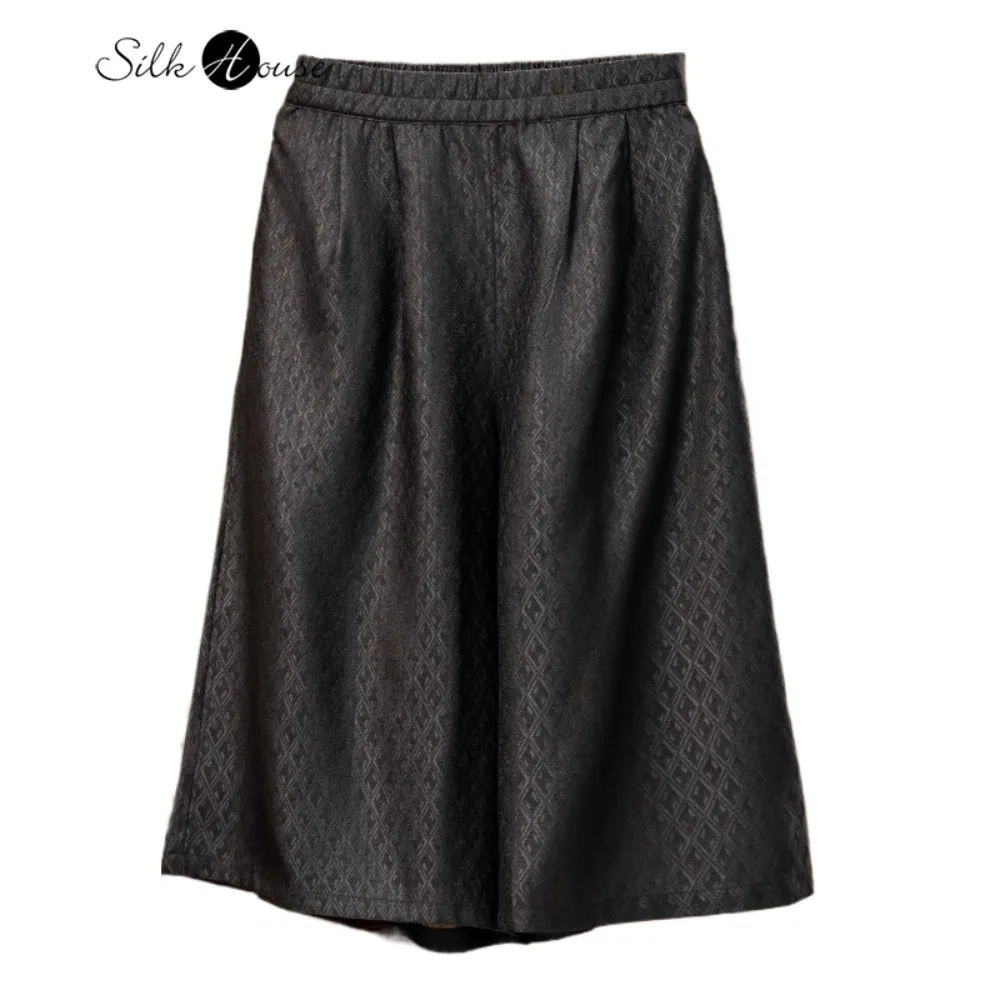 

2026 Women's Spring/Summer New Retro New Chinese 100% Natural Mulberry Silk HuaLuo Black Loose Five-point Wide Leg Pants