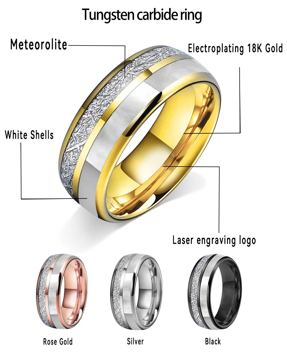توتيس 6/8 مللي متر قبة الأخدود المزدوج مطعمة النيزك وأم اللؤلؤ قذيفة التنغستن كربيد حلقة الذكرى التذكارية