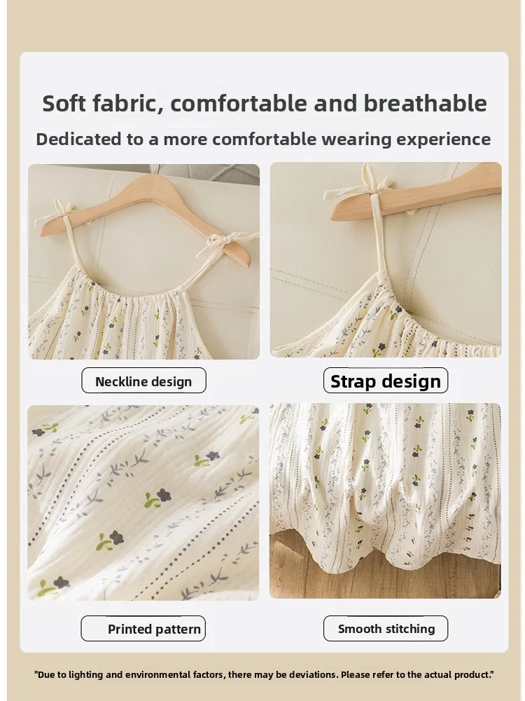 Summer Thin Cotton Nightgown Women's Sweet Style Floral Print Pure Cotton Gauze Short Size Sleep Dress Can Be Worn outside - Image 4