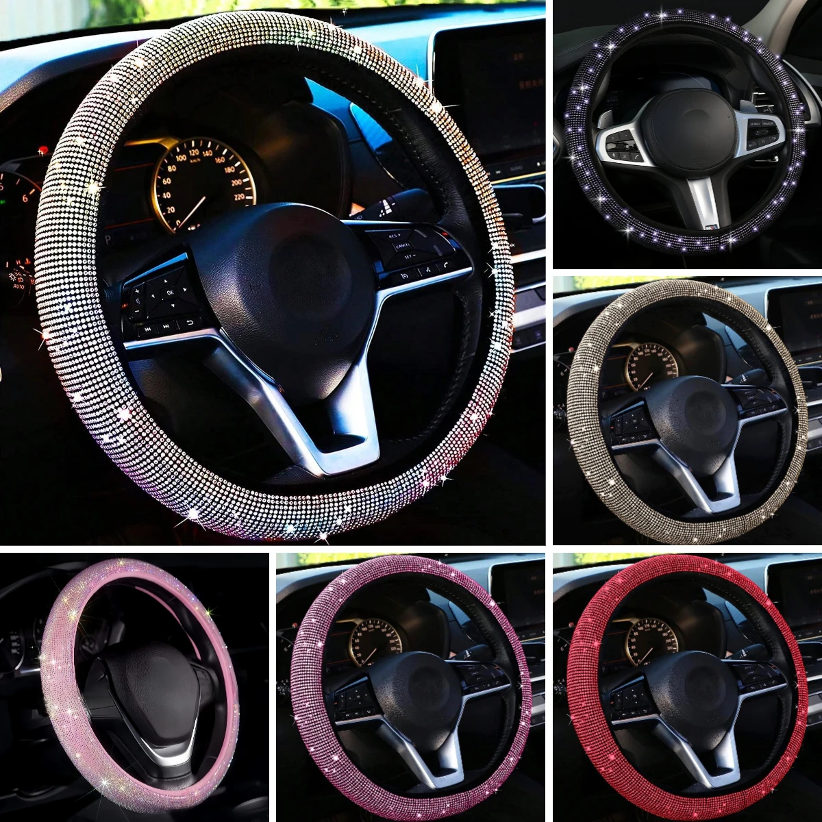 Car Rhinestone Steering Wheel Cover PU Leather Sparkling Crystal Diamond Steering Wheel Protector Car Interior Decor Accessories